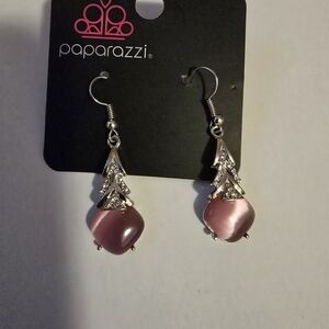 paparazzi Pink Cat's Eye Drop Earrings with Silver Triad Accents